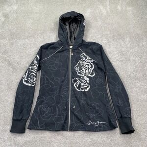 VTG Y2K Sean John Women's Roses Full Zip Up Hoodies Size L Black Long Sleeves